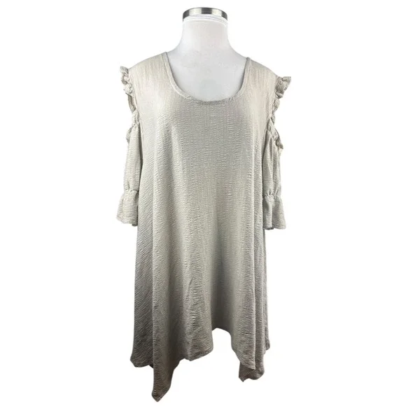 Farmhouse Frocks Cold Shoulder Lagonlook Oversized Tunic Top Tan Plus Size XXXL - Picture 2 of 16